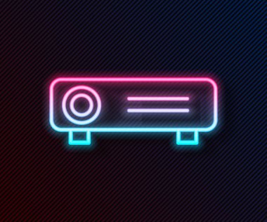 Parlak neon hattı sunumu, film, film, medya projektörü simgesi siyah arkaplanda izole edildi. Vektör İllüstrasyonu.