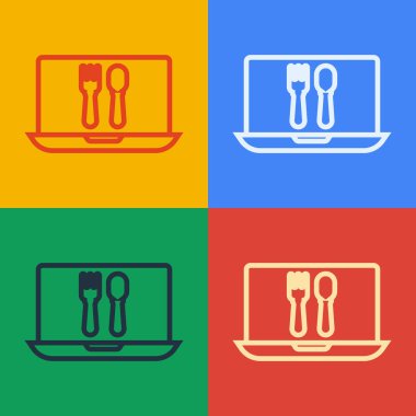 Pop Art Line Online sipariş ve fast food dağıtım ikonu renkli arka planda izole edildi. Vektör İllüstrasyonu.