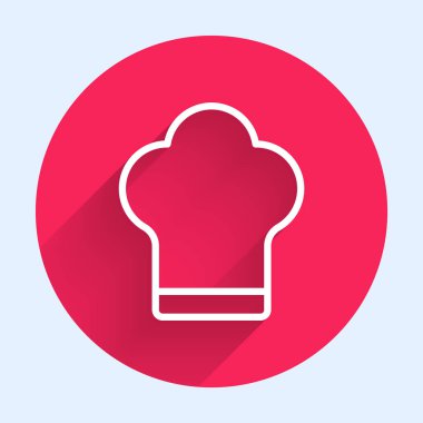 Beyaz çizgi aşçı şapkası simgesi uzun gölgeli izole edilmiş. Aşçılık sembolü. Aşçı şapkası. Kırmızı daire düğmesi. Vektör İllüstrasyonu.