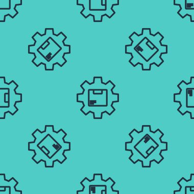 Paket kutucuğu simgesi olan siyah çizgi dişli tekerleği yeşil arka planda izole edilmiş pürüzsüz desen. Kutu, paket, paket işareti. Teslimat ve ambalaj. Vektör İllüstrasyonu.