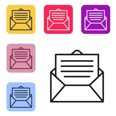 Siyah çizgi Zarf simgesi beyaz arkaplanda izole edildi. E- posta mektup sembolü. Renkli kare düğmelerle simgeleri ayarla. Vektör İllüstrasyonu.