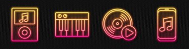 Satır çizgisi Vinil disk, müzik çalar, müzik sentezleyicisi ve müzik çalar. Parlayan neon ikonu. Vektör.