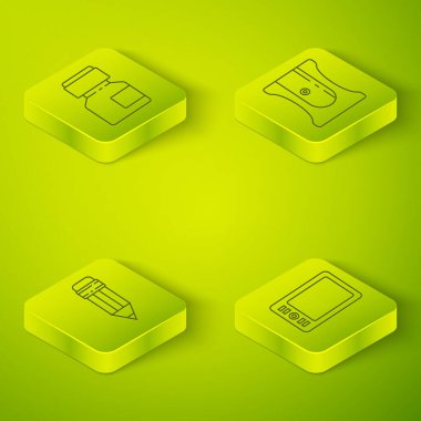 Isometric kalem açacağını, silgiyle kalem, grafik tableti ve boyayı, gouache, kavanoz, boya simgesini ayarla. Vektör.