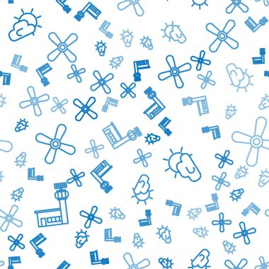 Hat havalimanı kontrol kulesini, Güneş 'i, hava durumunu ve uçak pervanesini pürüzsüz desene ayarlayın. Vektör.