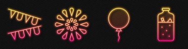 Şeritli çizgi Balon, bayraklı karnaval çelengi, Havai fişek ve sıcak şarap. Parlayan neon ikonu. Vektör.