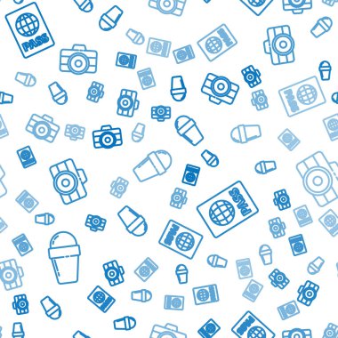 Dondurmayı waffle külahına, pasaporta ve fotoğraf makinesine kusursuz bir şekilde yerleştir. Vektör....