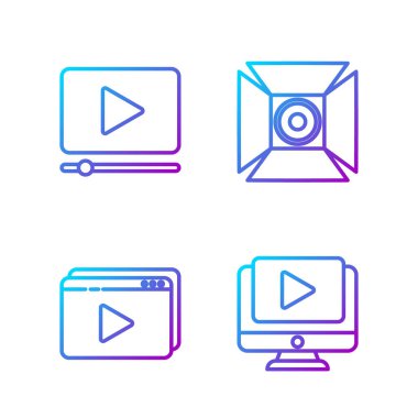 Set line Online oyun videosu, Online oyun videosu, Online oyun videosu ve Movie spot ışığı. Renk simgeleri. Vektör....