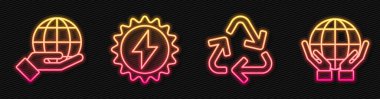 Çizgi Geri Dönüşüm sembolü, Dünya 'yı tutan el, Güneş enerjisi paneli ve Dünya' yı tutan eller. Parlayan neon ikonu. Vektör.
