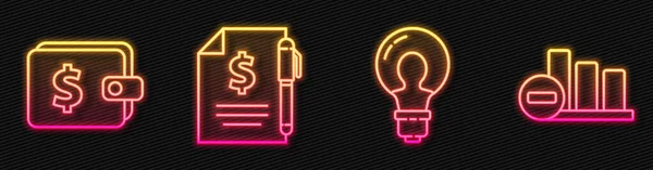 设置线灯泡与理念的概念 钱包与美元 合同钱和笔和皮图表信息 发光的霓虹灯图标 — 图库矢量图片