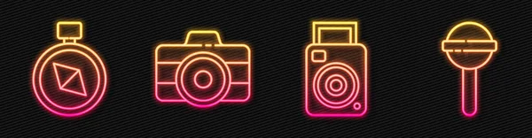 Set Line Photo Camera Compass Photo Camera Lollipop Glowing Neon — Stock Vector