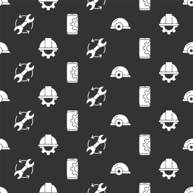 İşçi kaskı, işçi kaskı ve teçhizatı, ingiliz ve okları iş akışı olarak ayarlayın ve akıllı telefonu sorunsuz bir modele ayarlayın. Vektör.