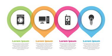 Çamaşır makinesini, bilgisayar monitörünü, müzik çalarını ve fikir sahibi ampulü ayarla. Ticari bilgi şablonu. Vektör.