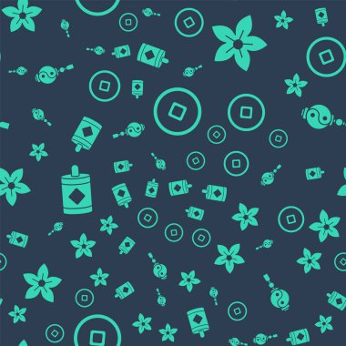 Çin Yuan para birimi, Lotus çiçeği, Havai fişek ve Yin Yang 'i kusursuz kalıba sokun. Vektör.