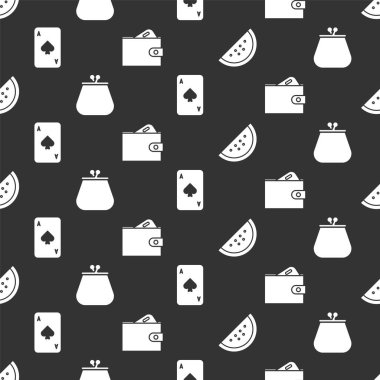 Kumarhane kumar makinesini karpuz, cüzdan, maça ve cüzdan ile kağıt oynayarak ayarlayın. Vektör.