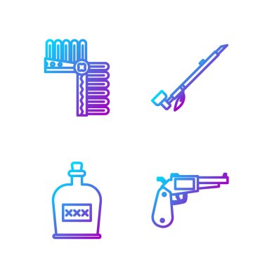 Sıra Revolver silahı, alkollü içki şişesi, tüylü Kızılderili başlığı ve Kızılderili piposu. Renk simgeleri. Vektör.