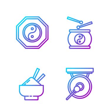 Hat Gong, pilav ve çubuk, Yin Yang ve Çin davulu. Renk simgeleri. Vektör.