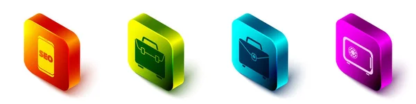 Stel Isometrische Mobiele Telefoon Seo Optimalisatie Briefcase Briefcase Safe Icoon — Stockvector