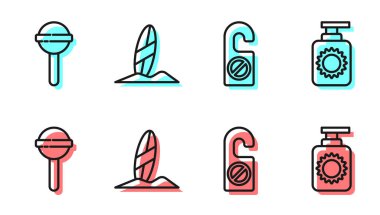 Hattı ayarlayın. Lütfen rahatsız etmeyin. Lolipop, sörf tahtası ve güneş kremi şişesi ikonu. Vektör.