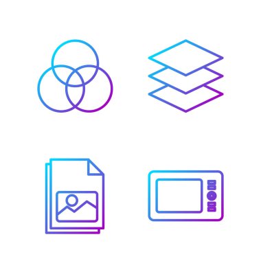 Çizgi grafiksel tablet, resim manzarası, RGB ve CMYK renk karıştırma ve katmanları ayarlayın. Renk simgeleri. Vektör.