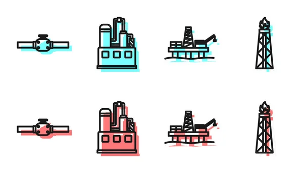 Set Line Plataforma Petrolífera Mar Tubos Válvulas Industria Construcción Fábricas — Vector de stock