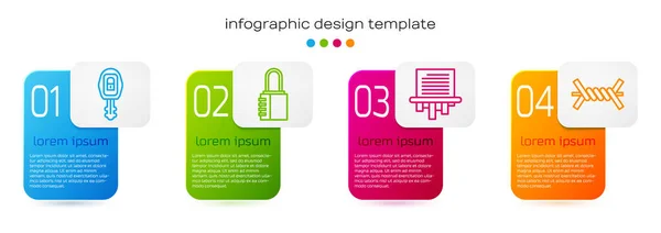 Set Line Autosleutel Met Afstandsbediening Veilig Combinatieslot Papierversnipperaar Prikkeldraad Bedrijfsinfographic — Stockvector