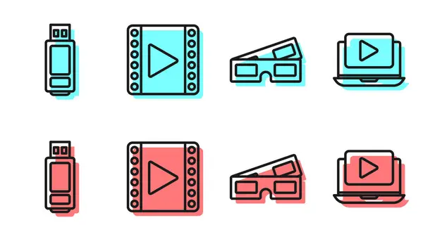 Set Line Cinema Glasses Usb Flash Drive Play Video Online — Stock Vector