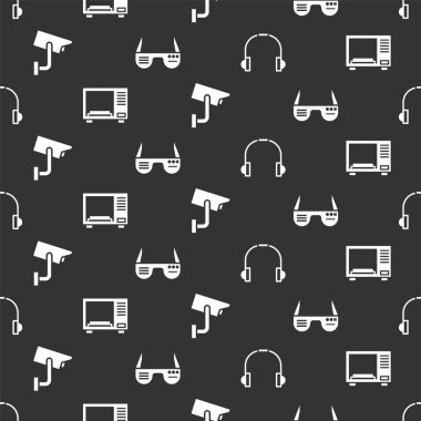 Kulaklıkları, mikrodalga fırını, güvenlik kamerası ve akıllı gözlükleri kusursuz desene ayarlayın. Vektör.