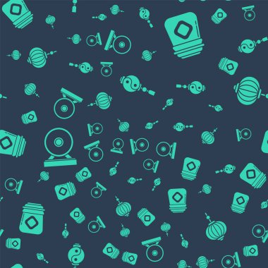 Yin Yang, Bal kavanozu, Gong ve Çin kağıt fenerini pürüzsüz desen üzerine ayarla. Vektör.