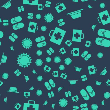 İlk yardım çantasını, erkek şapkasını kurdeleli, güneş ve parmak arası terlikleri kusursuz desenli ayarla. Vektör.