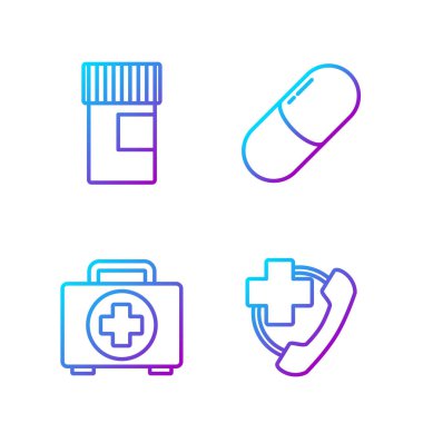 Acil yardım hattını hastaneye, ilk yardım çantasına, ilaç kutusuna ve ilaç hapına veya tabletine ayarla. Renk simgeleri. Vektör.