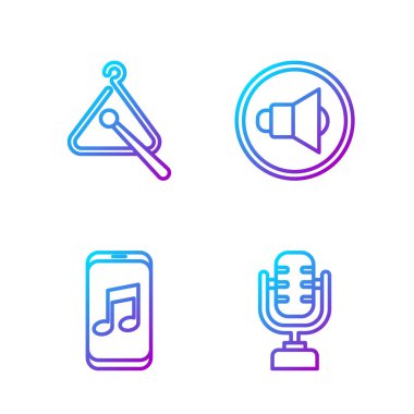 Mikrofon, müzik çalar, üçgen müzik aleti ve hoparlör sesi ayarla. Renk simgeleri. Vektör.