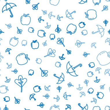 Yaprak ya da yapraklar çizgisi, Şemsiye ve Elma 'yı pürüzsüz desene göre ayarlayın. Vektör.