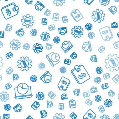 Çizgi dizüstü bilgisayarı grafik grafiğiyle, cüzdanı dolarla ve Seo etiketini de dişli tekerlekle kusursuz desenle ayarla. Vektör.