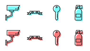 Hat anahtarı, güvenlik kamerası, Hırsız göz maskesi ve yangın söndürme ikonu. Vektör.