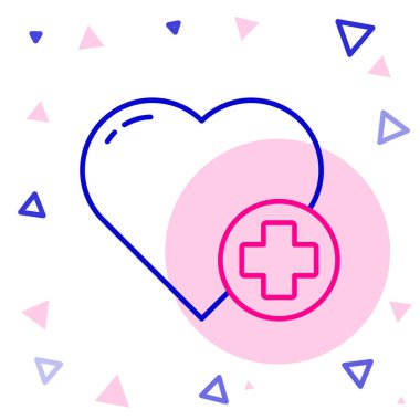 Beyaz arkaplanda haç simgesi olan Çizgi Kalbi. İlk yardım. Sağlık, tıbbi ve eczane işaretleri. Renkli taslak konsepti. Vektör İllüstrasyonu.