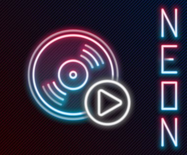 Parlayan neon çizgisi Vinil disk simgesi siyah arkaplanda izole edildi. Renkli taslak konsepti. Vektör İllüstrasyonu.