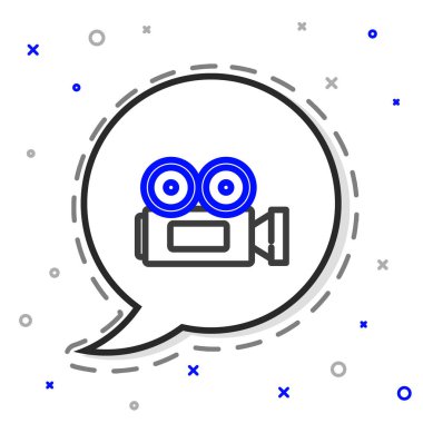 Çizgi sinema kamerası simgesi beyaz arkaplanda izole edildi. Video kamera. Film tabelası. Film projektörü. Renkli taslak konsepti. Vektör İllüstrasyonu.