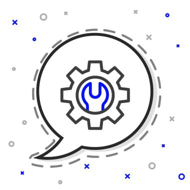 Çizgi anahtarı ve dişli simgesi beyaz arkaplanda izole edildi. Ayarlama, servis, ayar, bakım, onarım, onarım. Renkli taslak konsepti. Vektör İllüstrasyonu.