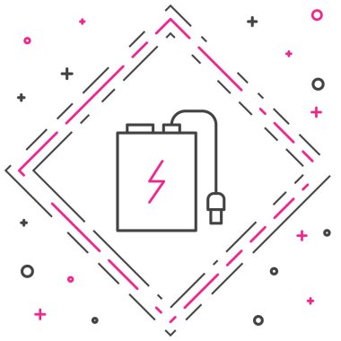 Beyaz arka planda farklı şarj kablosu simgesine sahip Hat Gücü Bankası. Taşınabilir şarj cihazı. Renkli taslak konsepti. Vektör İllüstrasyonu.