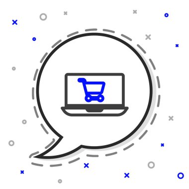 Ekran dizüstü bilgisayarındaki çizgi alışveriş arabası beyaz arkaplanda izole edilmiş. Konsept e-ticaret, e-ticaret, online iş pazarlama. Renkli taslak konsepti. Vektör İllüstrasyonu.