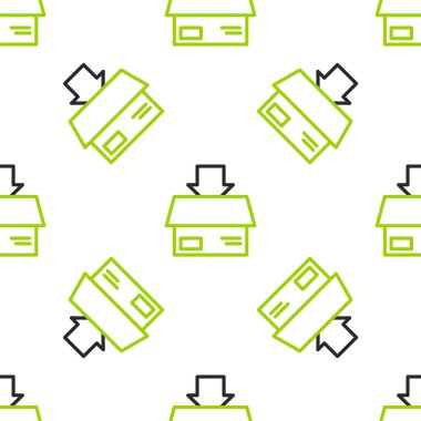 Çizgi karton kutu simgesi beyaz arkaplanda izole edilmiş kusursuz desen. Kutu, paket, paket işareti. Teslimat ve ambalaj. Vektör İllüstrasyonu.