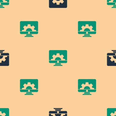 Yeşil ve siyah bilgisayar monitörü ve teçhizat simgesi bej arkaplandaki kusursuz deseni izole etti. Ayarlama, servis, ayar, bakım, onarım, onarım. Vektör İllüstrasyonu.
