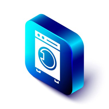 Beyaz arkaplanda izole edilmiş Isometric Yıkama simgesi. Çamaşır makinesi simgesi. Çamaşır makinesi, çamaşır makinesi. Ev aletleri sembolü. Mavi kare düğme. Vektör İllüstrasyonu.