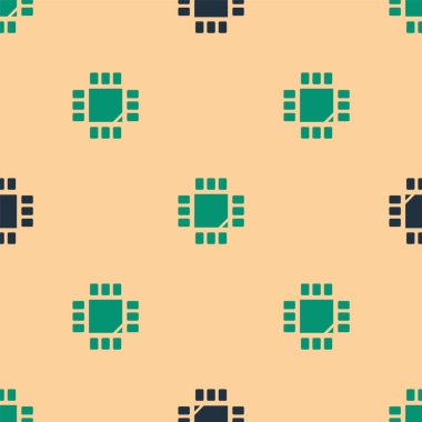 Mikrodevreleri olan yeşil ve siyah bilgisayar işlemcisi. İşlemci simgesi, bej arkaplandaki dikişsiz deseni izole etti. Devre kartlı çip ya da işlemci. Mikro işlemci. Vektör İllüstrasyonu.