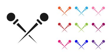 Siyah örgü iğneleri beyaz arka planda izole edilmiş. El yapımı, örgü ya da terzi için etiket. Simgeleri renklendirin. Vektör İllüstrasyonu.