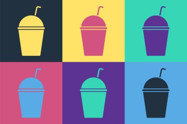 Pop Art Milkshake simgesi renk arkaplanında izole edildi. Kapaklı ve samanlı plastik bardak. Vektör İllüstrasyonu.