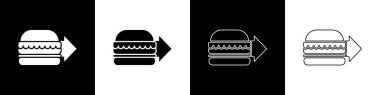 Çevrimiçi sipariş ve hamburger dağıtım simgesini siyah beyaz arkaplanda ayır. Vektör İllüstrasyonu.