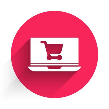 Ekran dizüstü bilgisayarındaki beyaz alışveriş arabası uzun gölgeli izole edilmiş. Konsept e-ticaret, e-ticaret, online iş pazarlama. Kırmızı daire düğmesi. Vektör İllüstrasyonu.