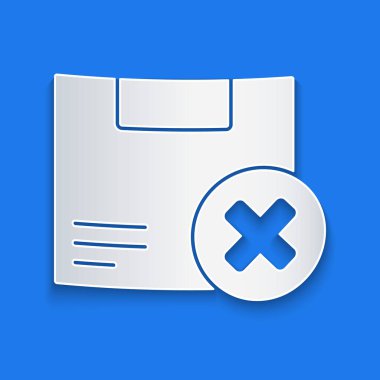 Kağıt karton karton kutuyu keser ve mavi arkaplanda izole edilmiş simgeyi siler. Kutu, paket, paket işareti. Teslimat ve ambalaj. Kağıt sanatı tarzı. Vektör İllüstrasyonu.