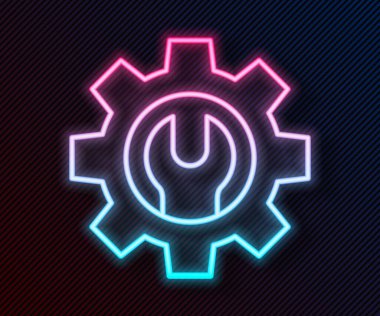 Parlak neon çizgi anahtarı ve vites simgesi siyah arkaplanda izole edildi. Ayarlama, servis, ayar, bakım, onarım, onarım. Vektör İllüstrasyonu.